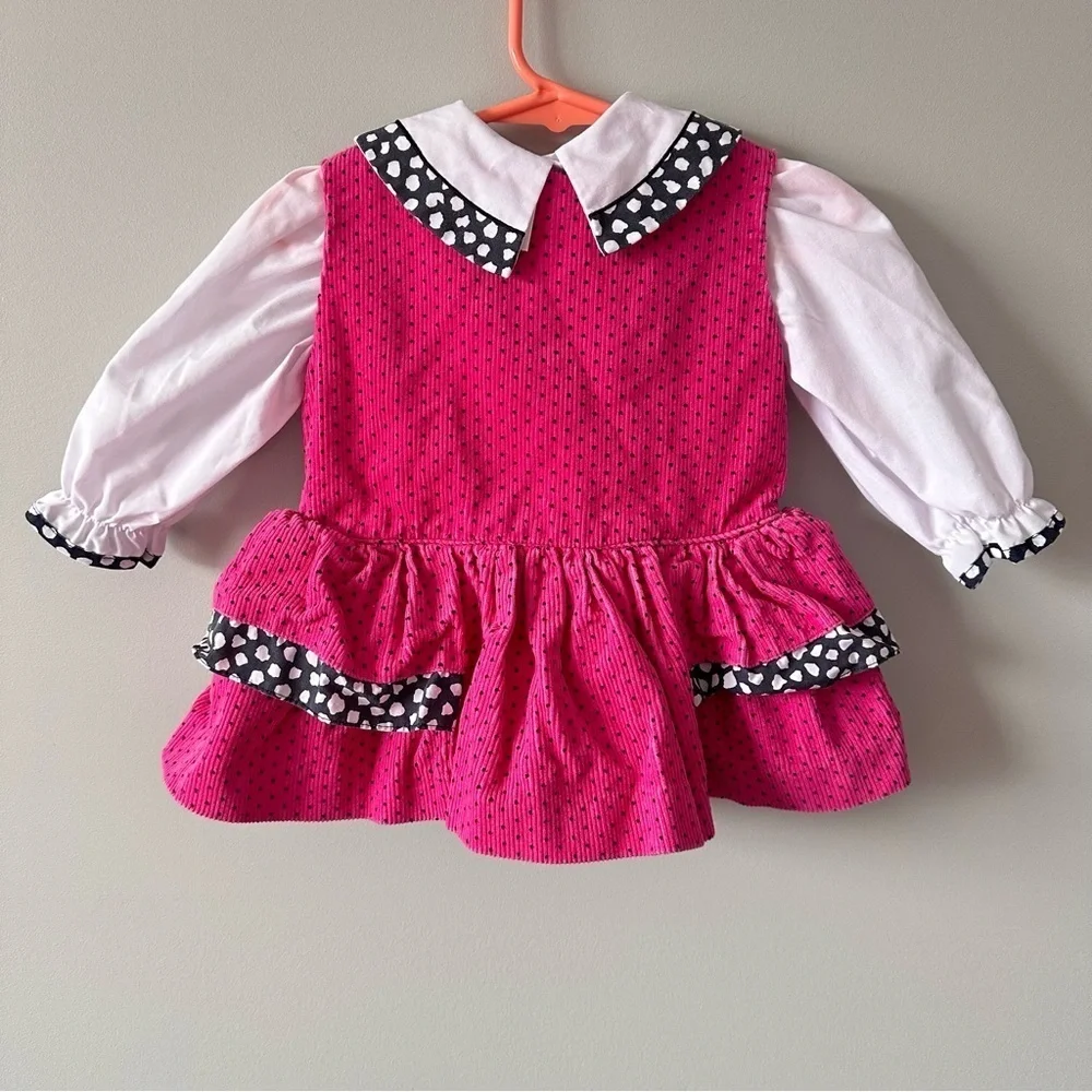 Vintage Small Steps 12 Months Girl Pink Corduroy Bow Dress Top 80s 90s